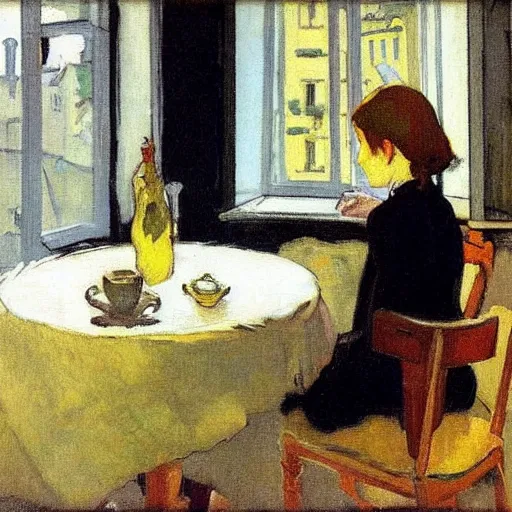 Image similar to a girl with iphones on a table sits at a table in a sunny room, the window is open, by valentin serov