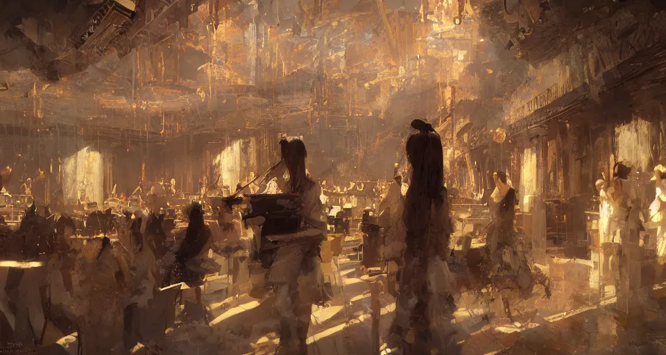 Prompt: craig mullins and ghibli digital art of inside the theater, on the stage, masked female violinists, exotic costumes, gold jewelry, black hair, solo performance realistic shading, cinematic composition, realistic render, octane render, detailed textures, photorealistic, wide shot