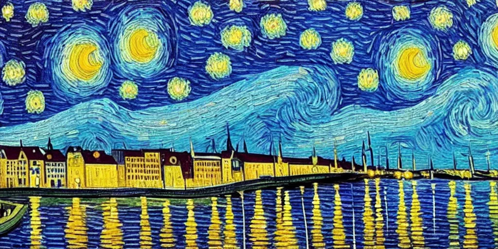 Image similar to a painting of the city of Rostock in the style of Vincent van Gogh, starry night, blue and yellow