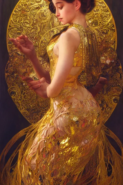 Image similar to an intricate artistic pose painting of a beautiful young girl with an artistic pose with klimt golden motives and textures, hyper detailed, ornamental gold headpiece, octane render, vivid colors, artstation, by jeremy mann, by alphonse mucha, by boris vallejo