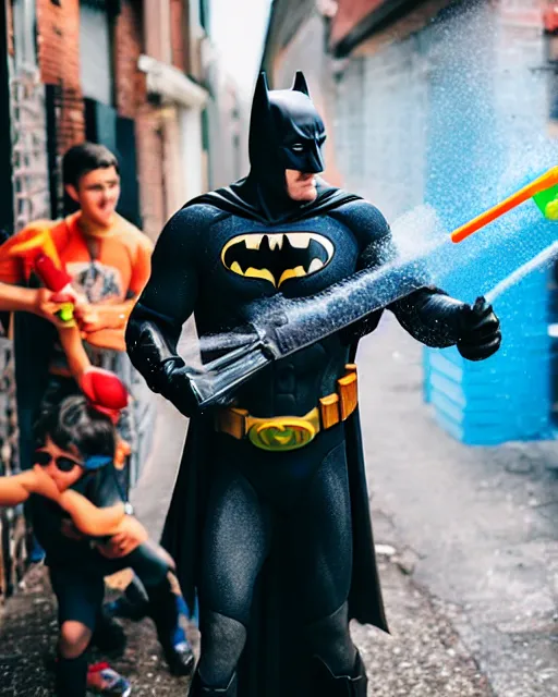 Image similar to happy batman firing super soaker water gun in an alleyway, everyone having fun, toy product advertisement, photography