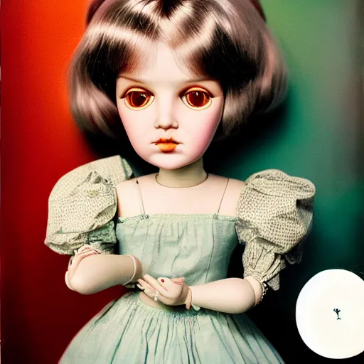 Prompt: head and shoulders portrait of a doll-like girl doing ASMR with hand movements, color Graflex photograph by Mark Ryden