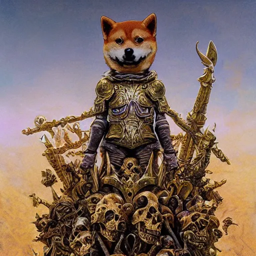 Image similar to anthropomorphic shiba inu, gold armor, standing on pile of skulls, graveyard full of bones and skulls, stuning fantasy 3 d render, masterpiece, glowing dark aura, by donato giancola and greg rutkowski and wayne barlow and zdzisław beksinski, realistic face