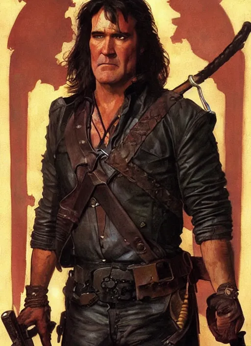 Prompt: bruce campbell as snake plisken. fantasy concept art. moody epic painting by james gurney, norman rockwell and alphonso mucha. artstationhq. painting with vivid color. ( dragon age, witcher 3, arcane, lotr )