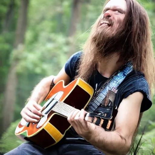 Prompt: Photograph Of Longhair male playing guitar in forest