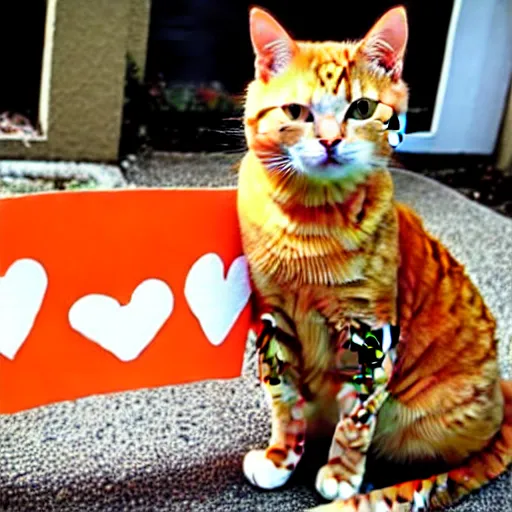 Image similar to cute orange tabby cat holds sign that says