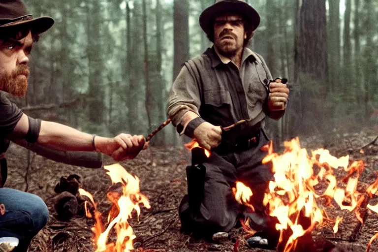 Image similar to peter dinklage holding a flare fighting smokey the bear, movie still, from the new sleepaway camp movie, 8 k, realistic