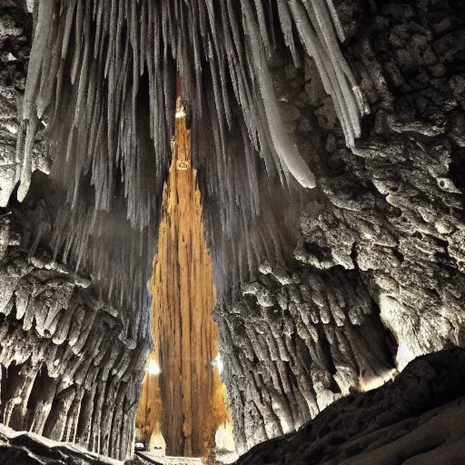 Prompt: a large cathedral made out of stalagmites and rock, flying in the sky