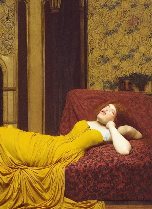 Image similar to portrait of lady reclining on bed wearing yellow ochre ornate medieval dress, foreshortening, framed, preraphaelite colour photography by frederic leighton, william morris, 8 k