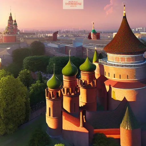 Image similar to chinese - style kremlin and chinese st. basil's cathedral on wide stone square at gentle dawn, a huge portrait of mao on the kremlin wall, at gentle dawn pink light, rossdraws, artgerm, norman rockwell, emiliano ponzi, epic composition, hd, octane, unreal engine, volumetric lighting, light rays, masterpiece, award - winning