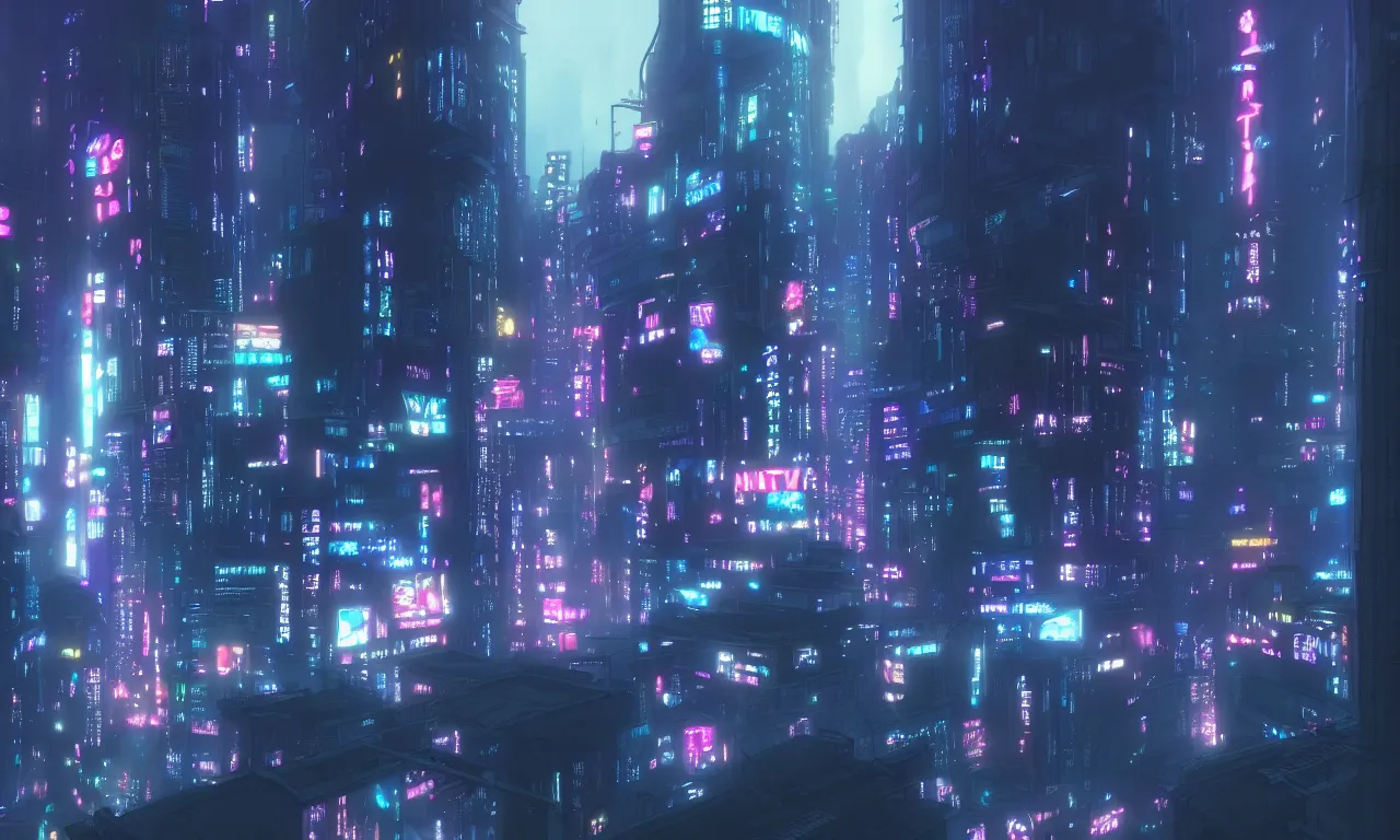 Image similar to city in the atmospheric cyberpunk anime film, gouache matte background painting, neon noir, at night with lights, by makoto shinkai, in the anime series ergo proxy, beautiful specular edge highlights and rim lighting