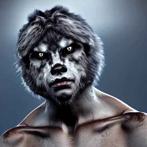 Prompt: young man transforming into a feral werewolf under the moon with black soft realistic fur, ultra detail, unreal engine, 8 k
