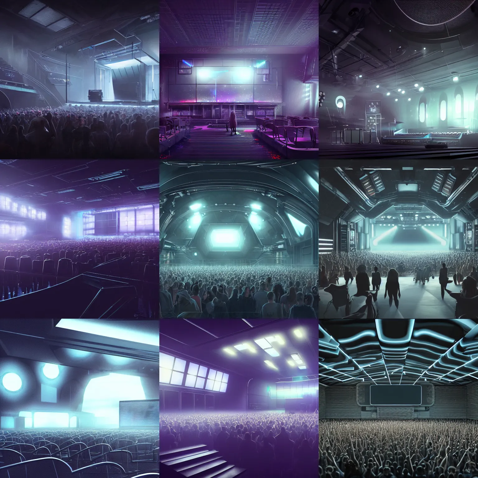 Prompt: digital concept art of a very small!!! dark futuristic musical venue with a large bright screen in front of twenty people, grey, realistic, octane render, high detail, environment, sharp focus, artstation