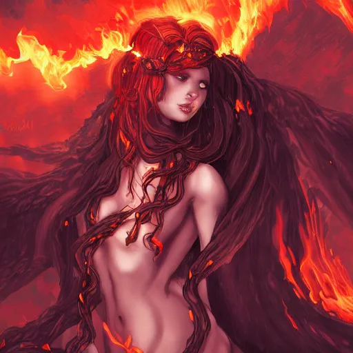 Image similar to by Powers of Darkness and temptation produced no immediate supernatural woman of the flames, an abyssal chain into the hearts, illustration, trending on artstation,