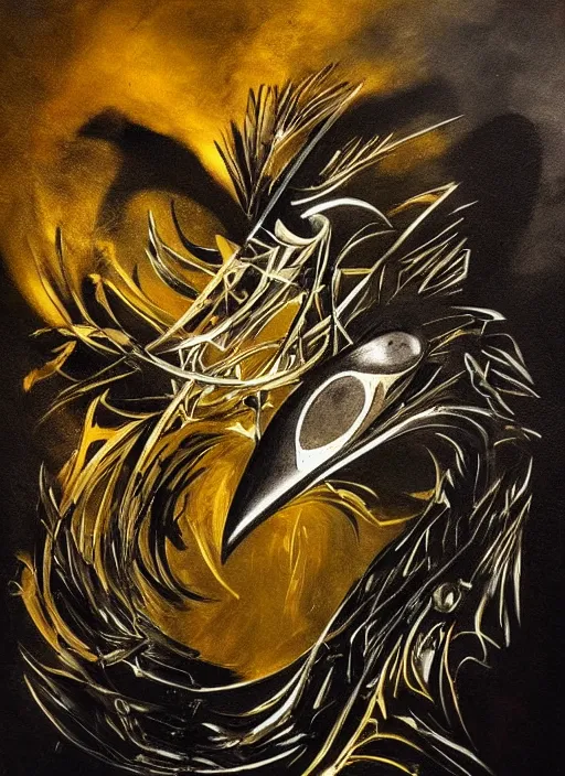 Prompt: crow shape, award - winning painting, abstract, gold and silver colors,, elegant, luxurious, beautiful, lovecraftian, beksinksi, chiaroscuro