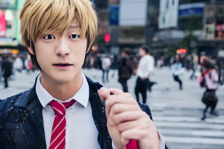 Image similar to close up photo of tamaki suoh from the live action adaptation of ouran highschool host club, shot on location at shibuya crossing, red weapon 8 k s 3 5, cooke anamorphic / i lenses, highly detailed, cinematic lighting