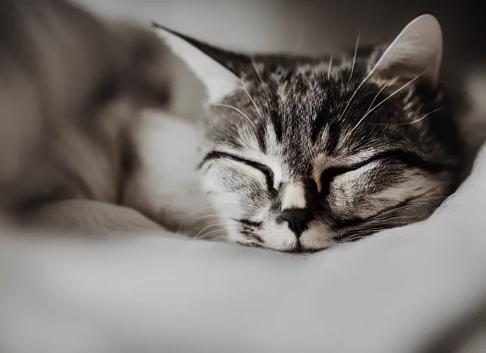 Image similar to dslr photo still of a closeup of a sleeping cat, 4 k, 8 5 mm f 1 6