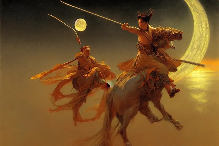 Prompt: wuxia, moon, river, night, painting by gaston bussiere, craig mullins, j. c. leyendecker