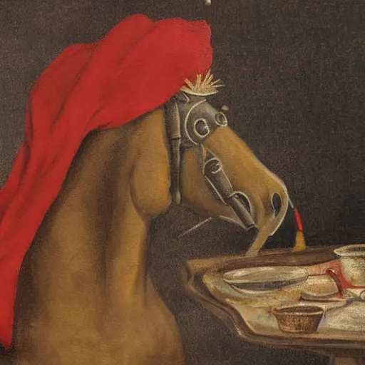 Image similar to a roccoco painting of a horse smoking a pipe