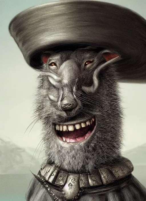 Image similar to gray rat standing on two legs with a gray beard, serious, mean eyes, wearing jewelry, tricorne hat, green robe, D&D, digital art, realistic, detailed face, highly detailed, trending on artstation, 4k, sea in the background
