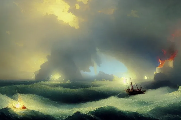 Image similar to Magical Maelstrom of fire and ice in the sea, destroying boats, islands, painting by Ivan Aivazovsky and Greg Rutkowski, artstation, fantasy, intricate, beautiful, cinematic, octane render, arnold render, 8k, hyper realism, detailed, sharp focus, 4k uhd, masterpiece, award winning