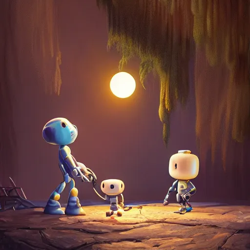 Image similar to cottagecore illustration of children playing with a smiling roboton a peaceful morning, pixar and disney animation, sharp, rendered in unreal engine 5, art by greg rutkowski, bloom, dramatic lighting, sunrise