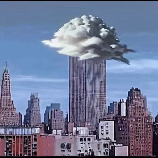 Image similar to realistic image of a tall nuclear bomb cloud over new york city, cctv footage, high quality