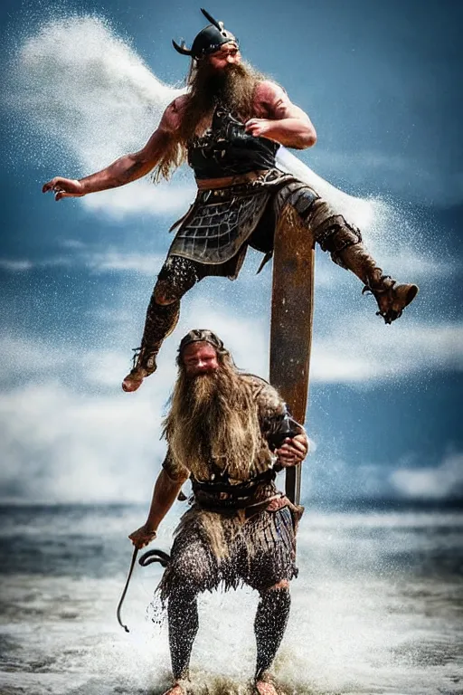 Image similar to old vintage full body photo of ancient viking warrior with full beard on the complex complex steam punk jet ski with antigravity engine during big viking event, extreme sports photography ,super high speed photography, dynamic photography,symmetrical face, clean face, muscular body, high speed,dirt and grawel in air, lens flares, dust partiles in the air, dramatic lighting, intricate, highly detailed, centered, smooth, sharp focus, sports photography, old photo, black and white, sepia, cinematic lighting, cinematic angle, national geographic