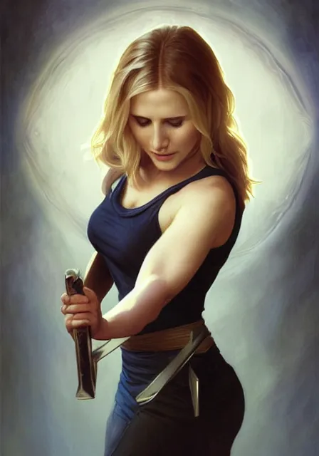 Image similar to kristen bell as buffy the vampire slayer, intricate, elegant, highly detailed, digital painting, artstation, concept art, smooth, sharp focus, illustration, art by artgerm and greg rutkowski and alphonse mucha and william - adolphe bouguereau