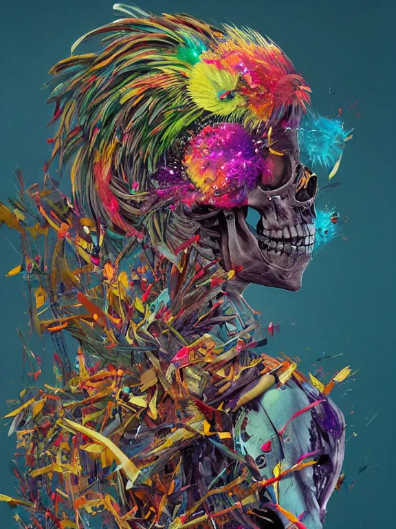 Prompt: art portrait of skeleton with colorful feathers exploding out of head,8k,by tristan eaton,Stanley Artgermm,Tom Bagshaw,Greg Rutkowski,Carne Griffiths,trending on DeviantArt,face enhance,hyper detailed,minimalist,full of colour