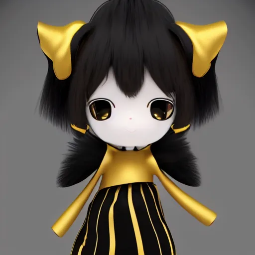 Image similar to cute fumo plush of a girl in gold and black who is energetic, anime girl, stylized rendering, vray