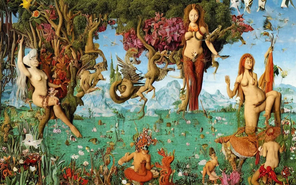 Prompt: a photograph of a meditating centaur shaman and a harpy mermaid feeding animals. surrounded by bulbous flowers, a few trees and wild animals. river delta with mountains and cliffs under a blue sky full of burning stars and birds. painted by jan van eyck, max ernst, ernst haeckel, ernst fuchs and artgerm. trending on artstation