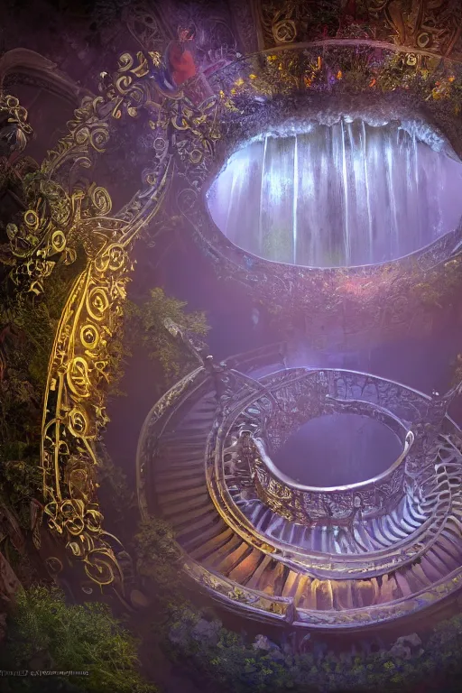 Image similar to interiors of a godly palace constructed of mirrors and spiraling staircases at night, life-size terrarium, flowing water, waterfalls, plants, glowing light, symmetrical, sacred geometry, heavenly, enchanted environment, fog, mist, low light, evil, dark, environment concept, cgsociety, environment 8K artstation, cinematic lighting, intricate details, 4k detail post processing, hyperealistic, unreal engine 5 render, photo realism