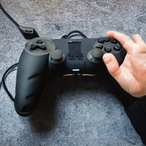 Image similar to a video game controller merging with someone's head, while they are still holding onto the controller,