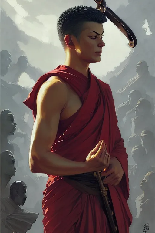 Image similar to buddhism, guard, male, painting by greg rutkowski, j. c. leyendecker, artgerm