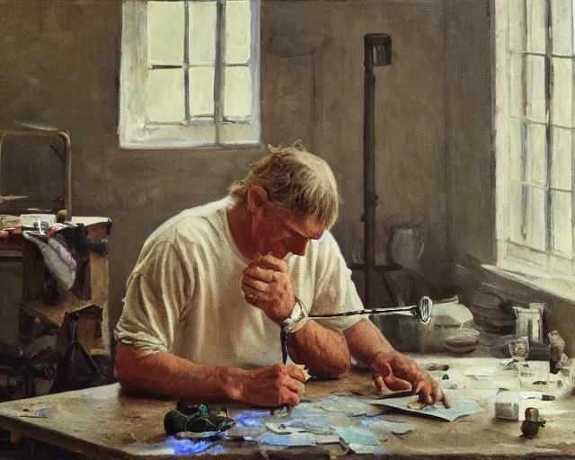 Image similar to an exhausted painter in his studio painting a picture of a pepe the frog - key lighting, soft lights, foggy, by steve hanks, by lisa yuskavage, by serov valentin, by tarkovsky, 8 k render, detailed, oil on canvas