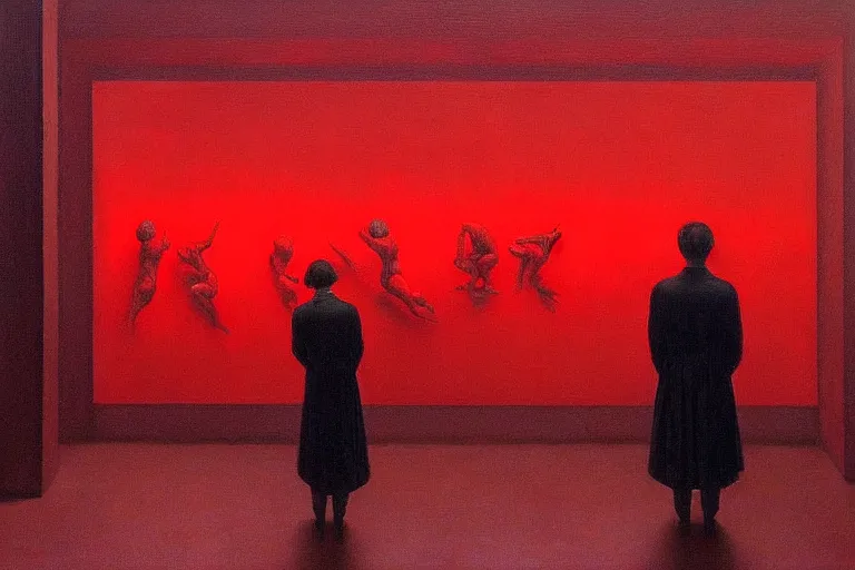 Image similar to only with red, crowd cheering at the sight of a painting, in a city square, in the style of beksinski, parts by edward hopper, parts by rodcenko, parts by yue minjun, intricate and epic composition, red by caravaggio, insanely quality, highly detailed, masterpiece, red light, artstation, 4 k