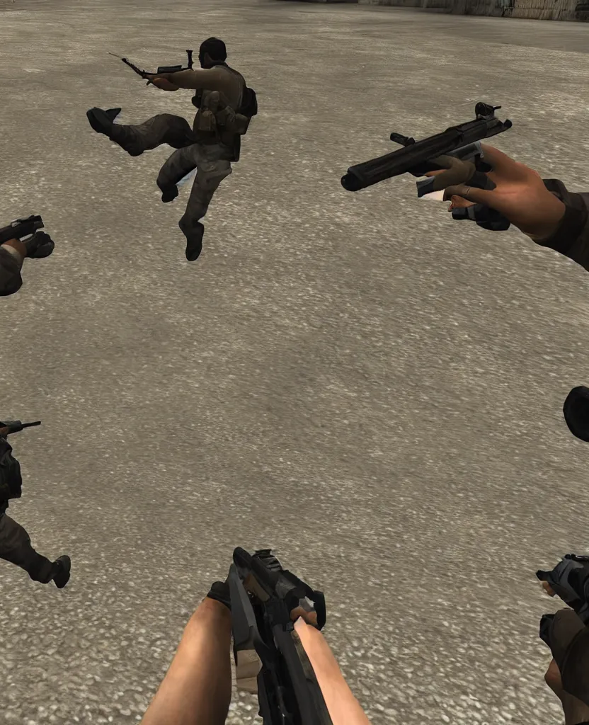 Prompt: lovers dancing in in counter strike with guns in their hands, first person shooter point of view