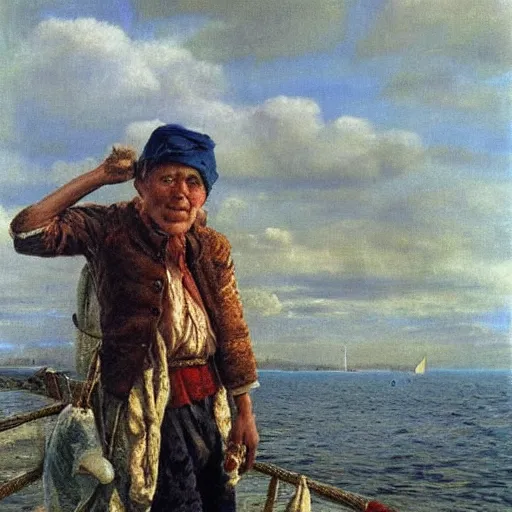 Image similar to painting of cabin boy hyperrealism vasily vereshchagin at harbor