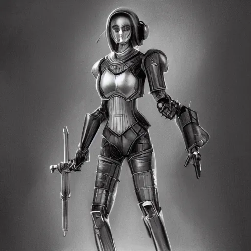 Prompt: 2D pencil drawing, retrofuturism, medieval female knight with cybernetic implants and modern devices, artstation, ambient, cgsociety