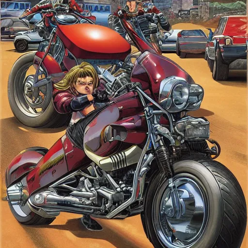 Prompt: Akira motorcycles by Joe Jusko, rendered in hyperdetailed Ultra HD, trending on ArtStation, luminous