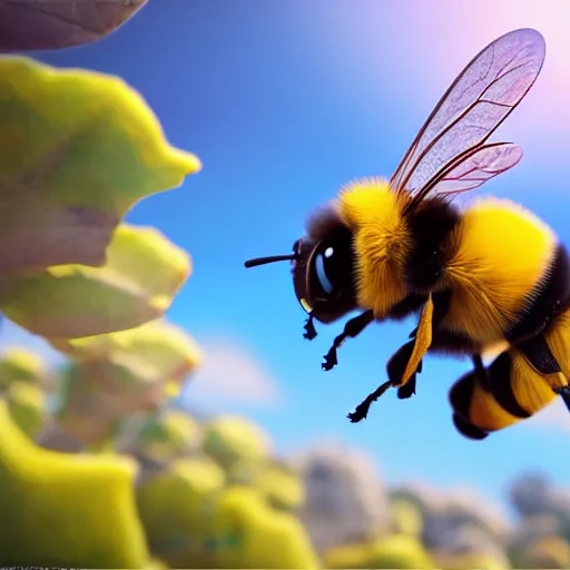 Image similar to large cute bee flying to crimson - black cute bee university, photorealistic, octane render, rtx, hdr, unreal engine, digital art widescreen 8 k, studio ghibli, disney, wlop