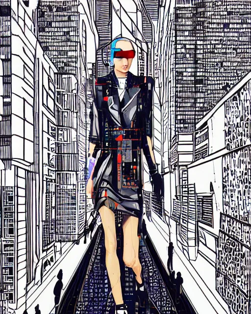 Image similar to cypherpunk fashion illustration, city street background with high tall buildings, abstract portrait highly detailed, finely detailed