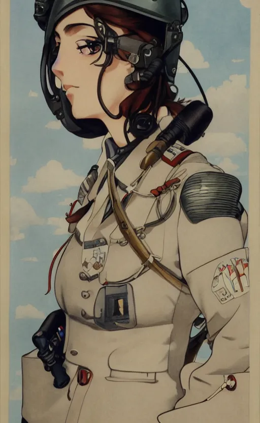 Image similar to german pilot girl, anime style, pilot oxygen mask, long hair, hair down, symmetrical facial features, ww2 era, hyper realistic, pale skin, 4k, rule of thirds, extreme detail, detailed drawing, trending artstation, hd, konpeki no kantai, D&D, realistic lighting, by Alphonse Mucha, Greg Rutkowski, sharp focus, backlit, soldier clothing