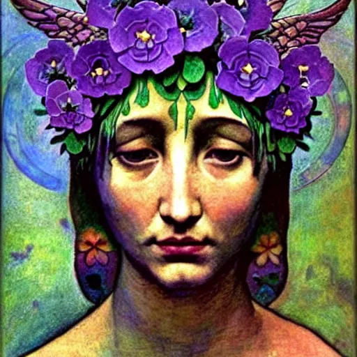 Image similar to the flower crown, by annie swynnerton and nicholas roerich and diego rivera, bioluminescent skin, tattoos, wings made out of flowers, elaborate costume, geometric ornament, symbolist, cool colors like blue and green and violet, smooth, sharp focus, extremely detailed