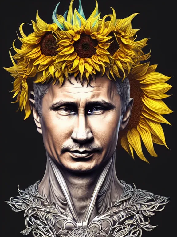 Image similar to digital art, centered full body of Putin smiling king, Sunflower crown, ,intricate, veins, by James Jean and by artgerm , by ross tran ultradetailed, charachter design, concept art, trending on artstation,