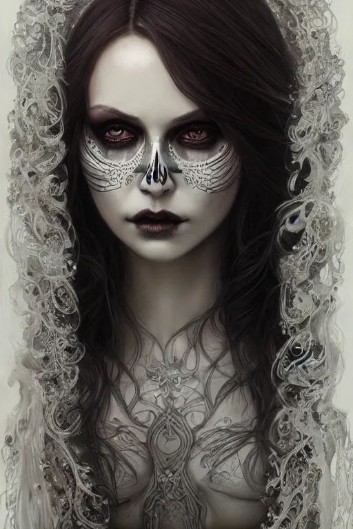 Image similar to ultra realist and ultra intricate detailed character concept art of a beautiful slim but curvy muerte girl in a long dress, thin lustrous hair, symmetry features, sensual gloomy style, soft painting, volumetric light and fog, fantasy background, artstation, Tom Bagshaw artstyle, unreal render