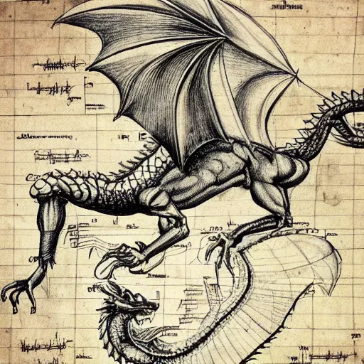 Prompt: anatomical drawing of dragon, davinci style, medical drawing, blueprint, schematic, old