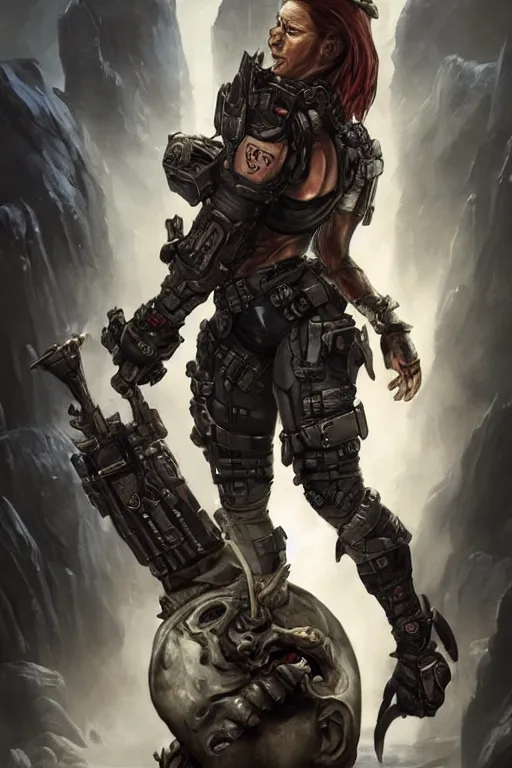 Image similar to gina carano as a shadowrun ork with prothesis metallic left arm, tusk, casual black clothing, muscular, realistic proportions, casual pose, large portrait, sci - fi, rpg character, digital painting, artstation, concept art, smooth, 8 k frostbite 3 engine, ultra detailed, art by artgerm and greg rutkowski and magali villeneuve