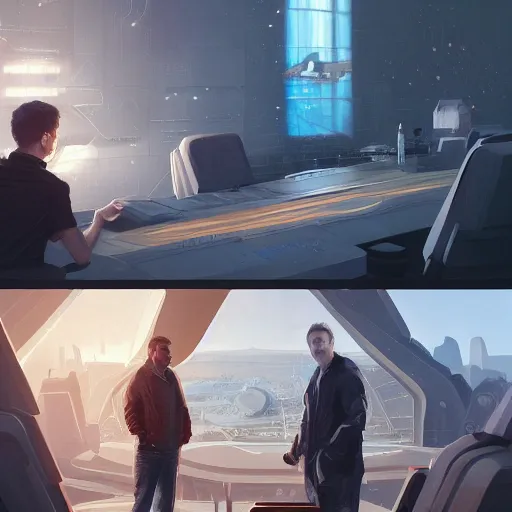 Image similar to scene of elon musk, mark zuckerberg, jeff bezos, in meeting together, very detailed, art contest winner on behance, trendy on deviant art, by artgem, greg rutkowski